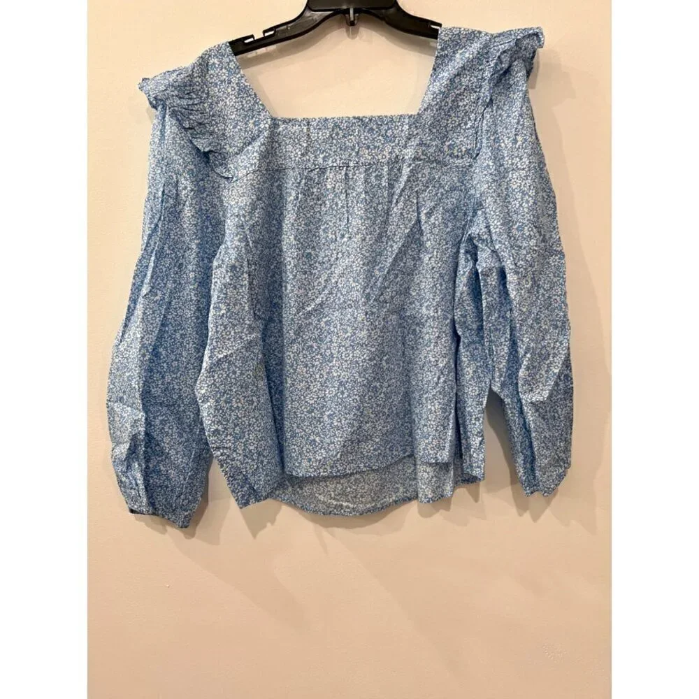New J Crew Size 2X Square neck ruffle top Blue/White SU23 *Stain* - Picture 9 of 13
